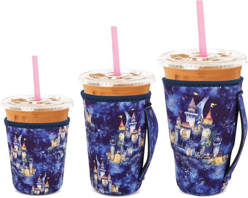 Snowso 3 Pack Iced Coffee sleeve Insulated Neoprene Cup Sleeves with handle For Cold Drinks Beverages, Reusable Cup Holder for 16oz-32oz Coffee Cups (Castle in the Sky) - Image 1